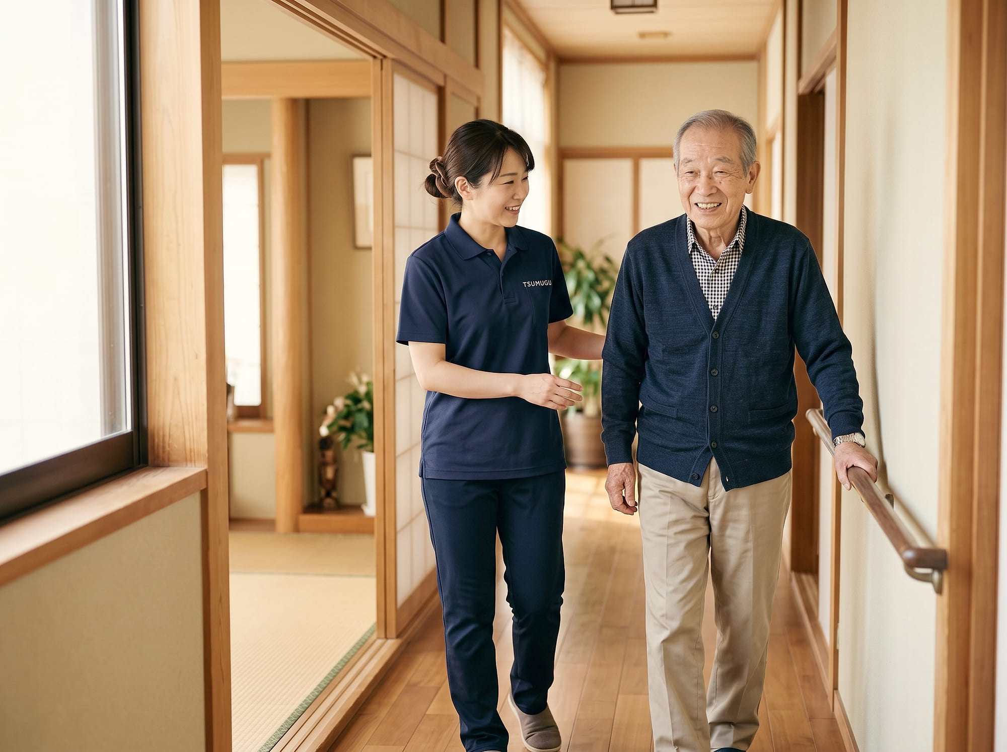 手すりを持って歩くご利用者さまに、ヘルパーが寄り添っている様子
