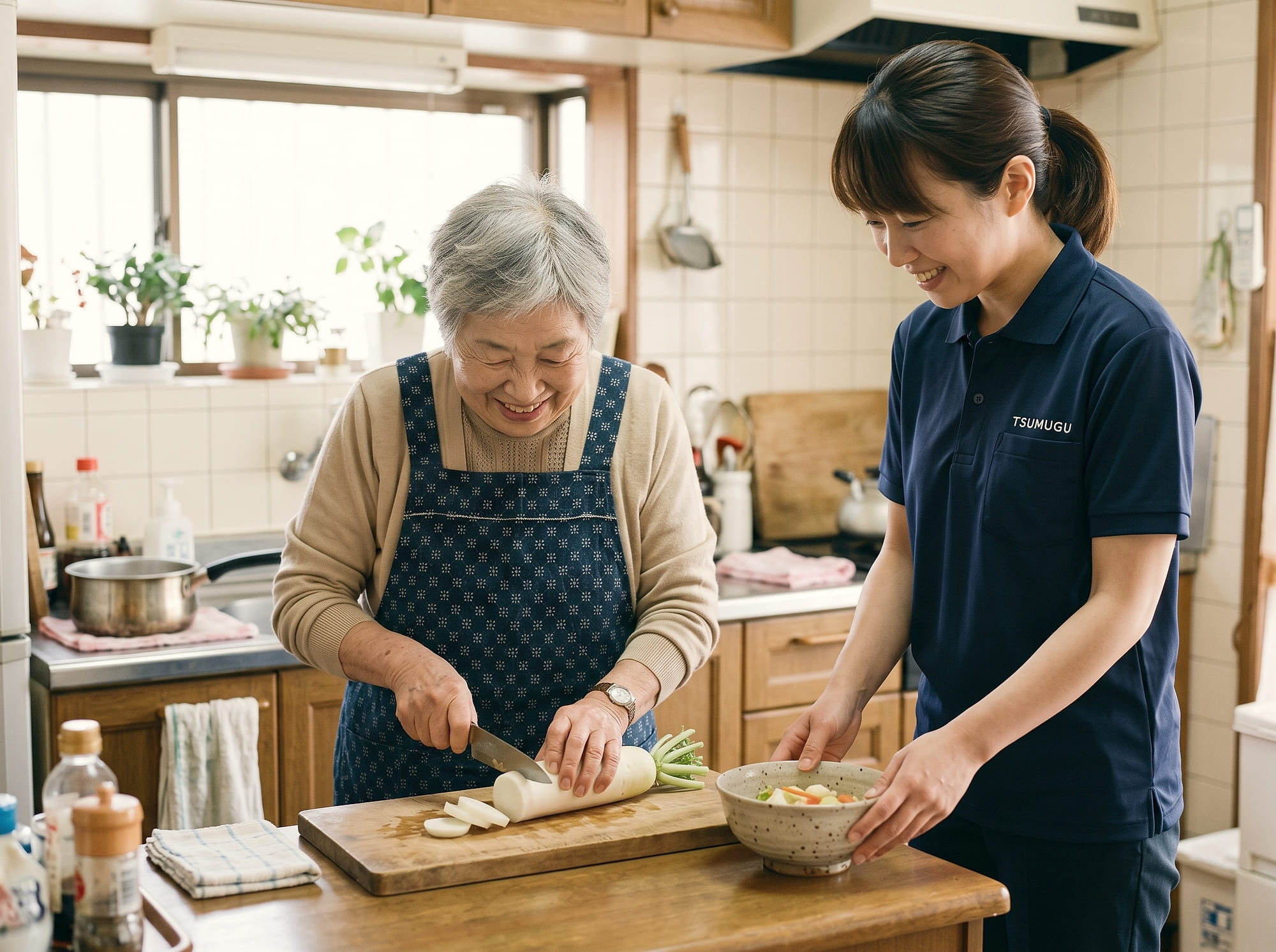 ご利用者さまが台所で野菜を切り、ヘルパーが隣で見守っている様子