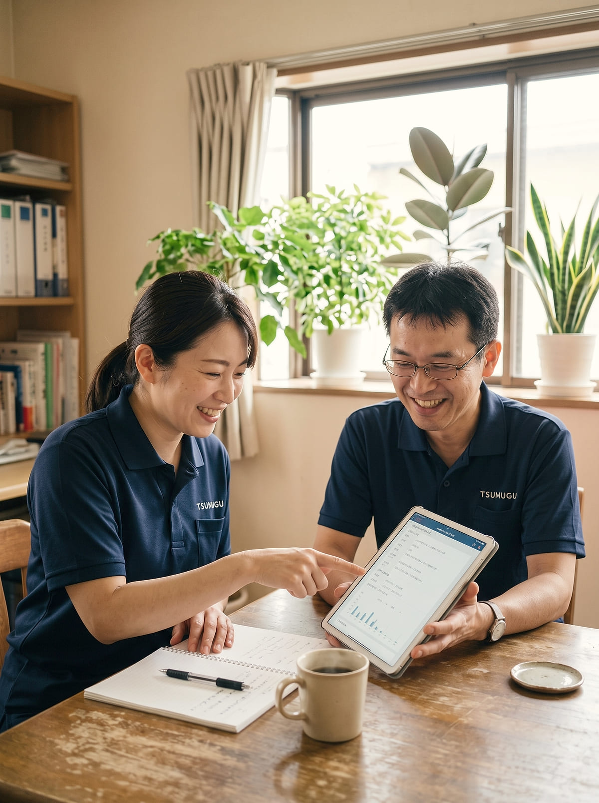 スタッフ2人がタブレットを見ながら笑顔で相談している様子